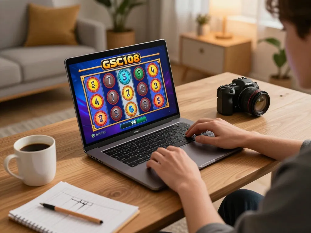 Permainan menarik di slot online Gsc108 dengan gulungan berwarna-warni di suasana rumah yang nyaman.