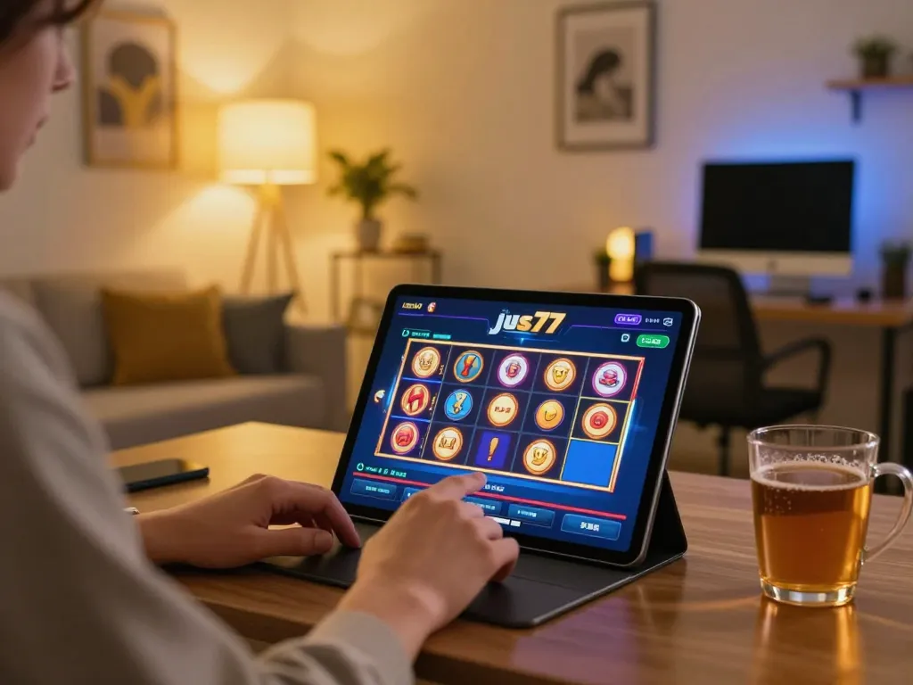 Berinteraksi dengan platform kasino jus77 di tablet dalam suasana rumah yang nyaman