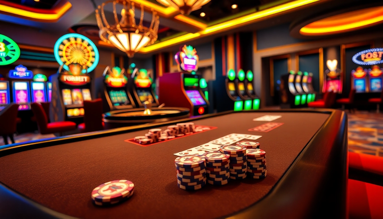 F8BET poker table, vibrant casino scene with chips and illuminated slot machines.