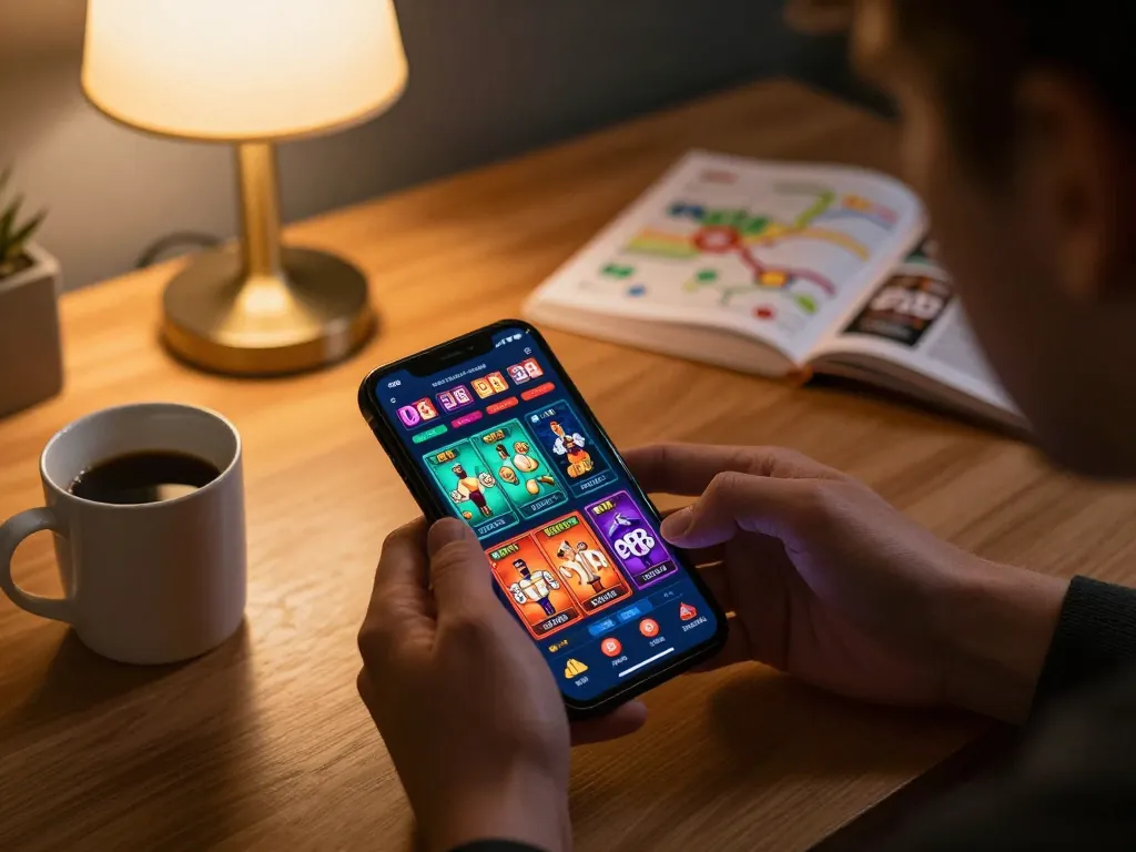 Player strategizing with the O8 casino app on mobile, engaging in responsible gambling.