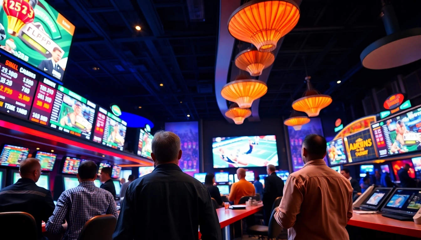 Engaged bettors analyzing odds in an energetic sportsbetting casino scene with vibrant colors.