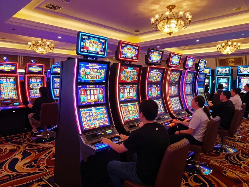 Players enjoying the vibrant PGSLOT experience on colorful slot machines at a luxurious casino.