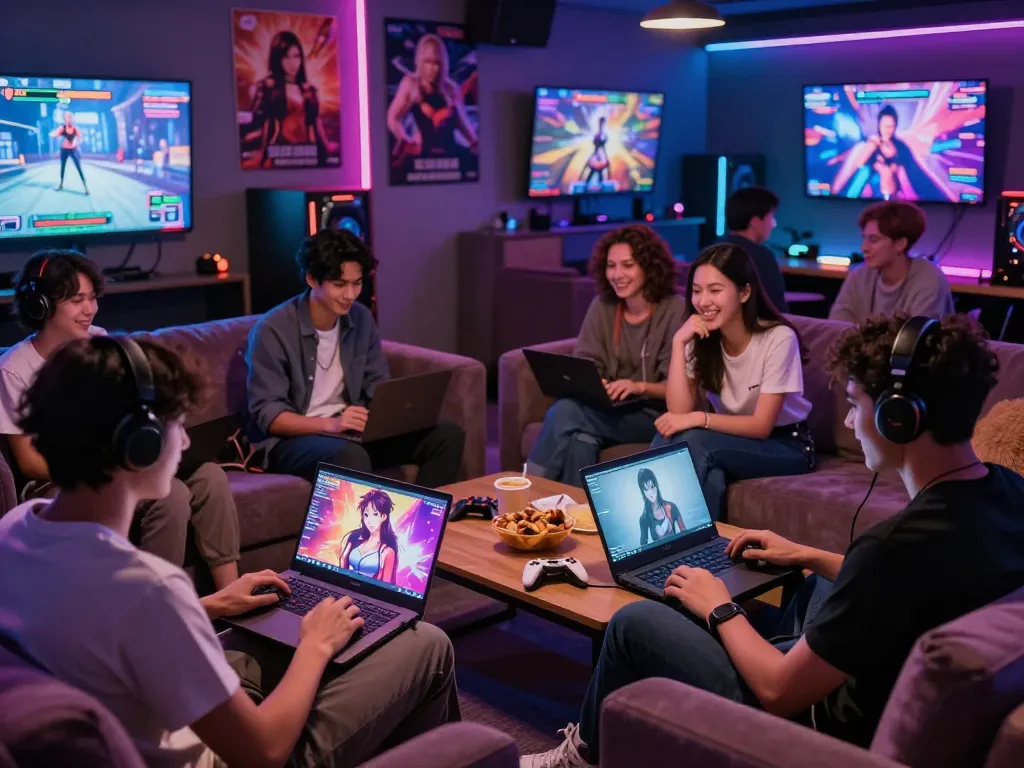Engaging scene of young adults playing sex games in an inviting gaming lounge.