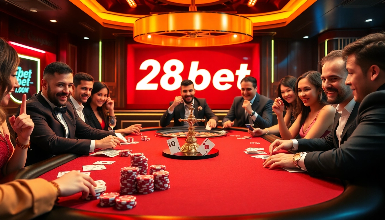Join the excitement at 28bet's high-stakes poker table with chips and cards in action.