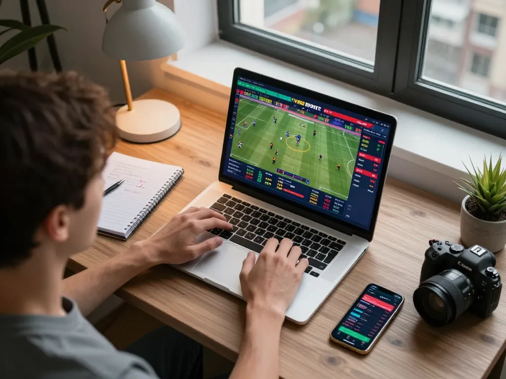 Active sports betting session on 8xbet platform with modern home office setup, laptop displaying live event.
