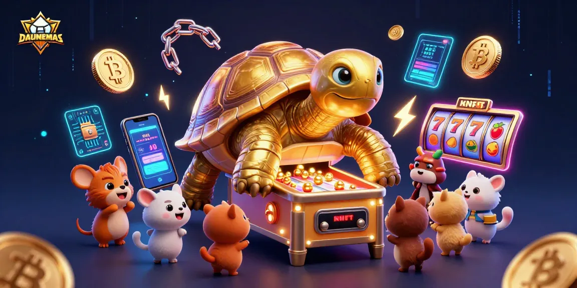 Experience thrilling gameplay at DAUNEMAS with a lively illustration featuring vibrant slots, Ethereum coins and crypto elements.