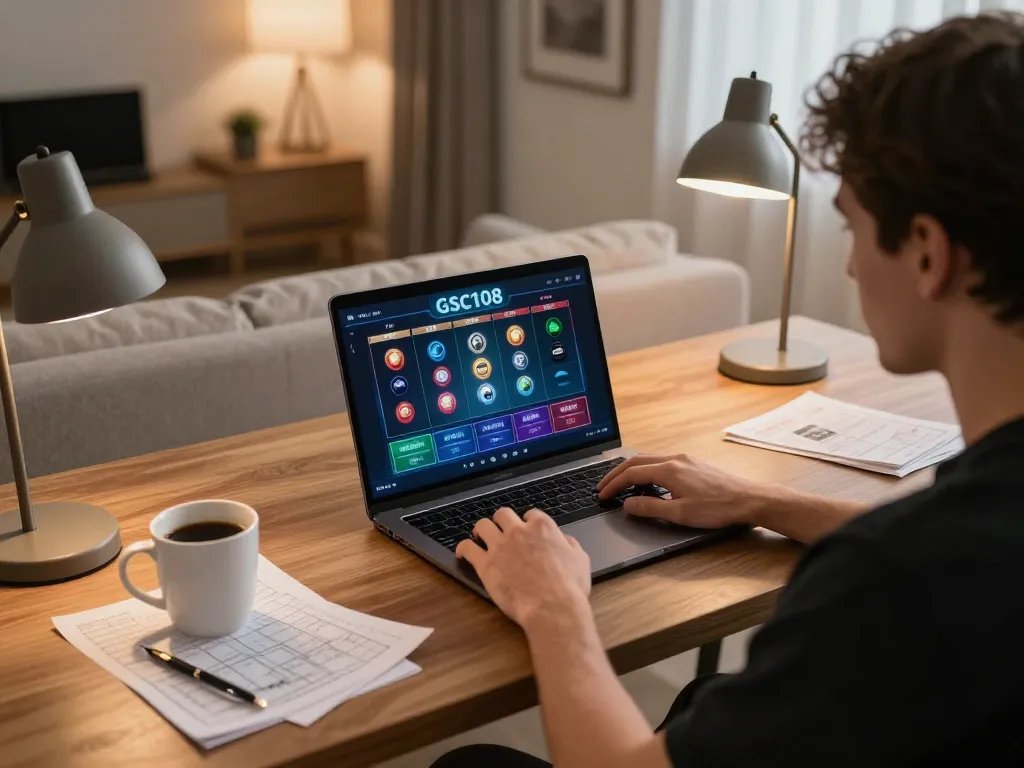 Player engaging in online gaming on Gsc108 platform with laptop, coffee, and strategy notes