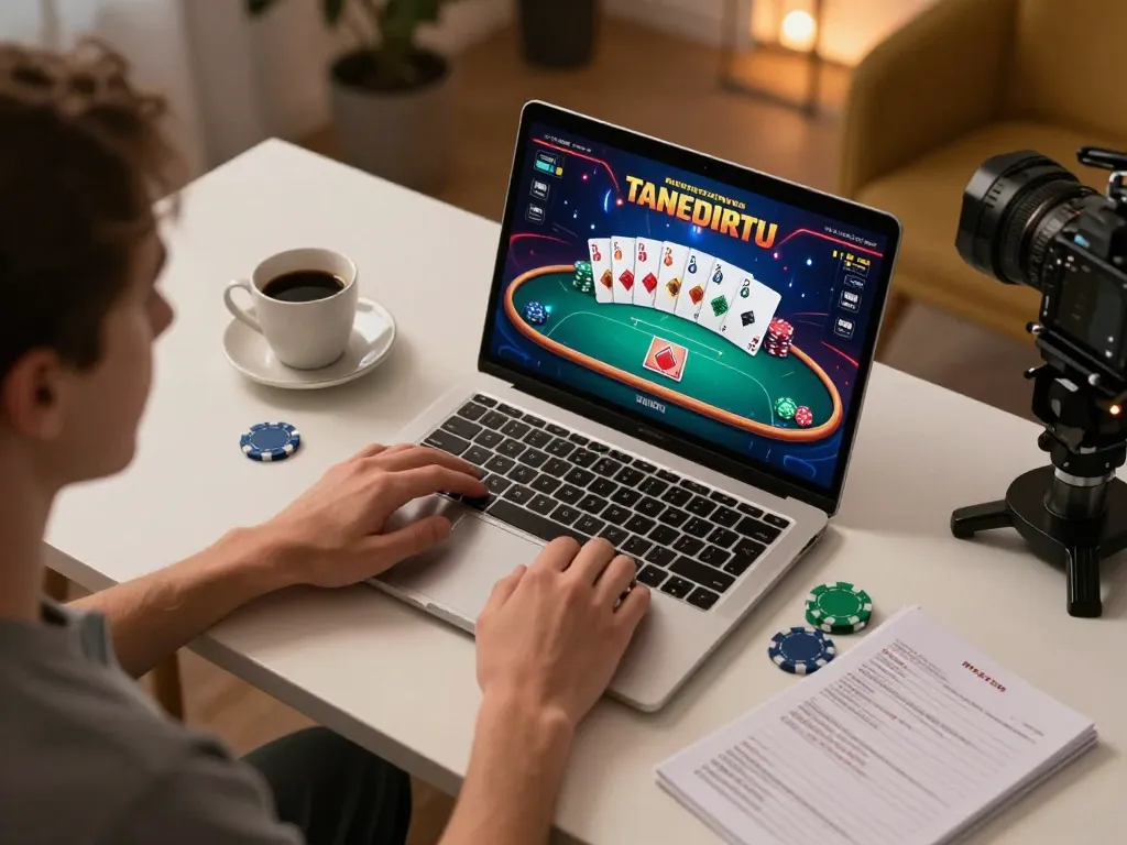 Engaging in an online poker game with m104 chips and strategy notes on display.