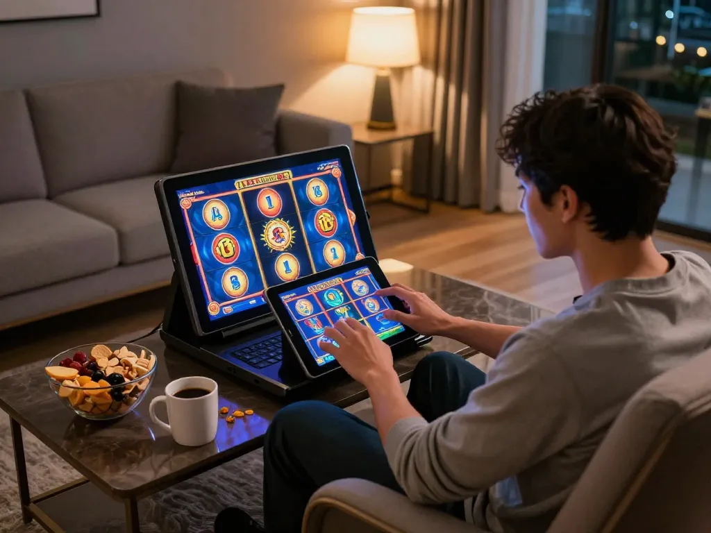 Engaging in online slots on luck8 com in a cozy home setup with snacks and coffee.