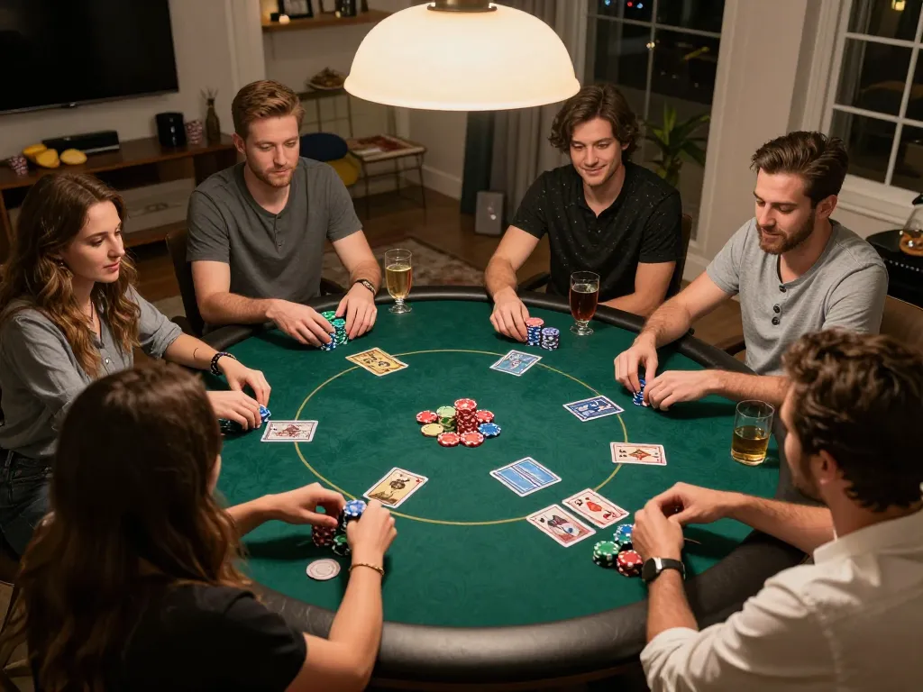 KJC players enjoying an engaging poker night with colorful chips and friendly competition.