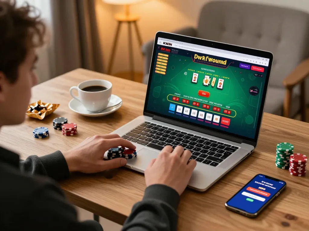 Player engaged in online gaming with KKWIN on a laptop, showcasing strategy and excitement in a cozy home setting.