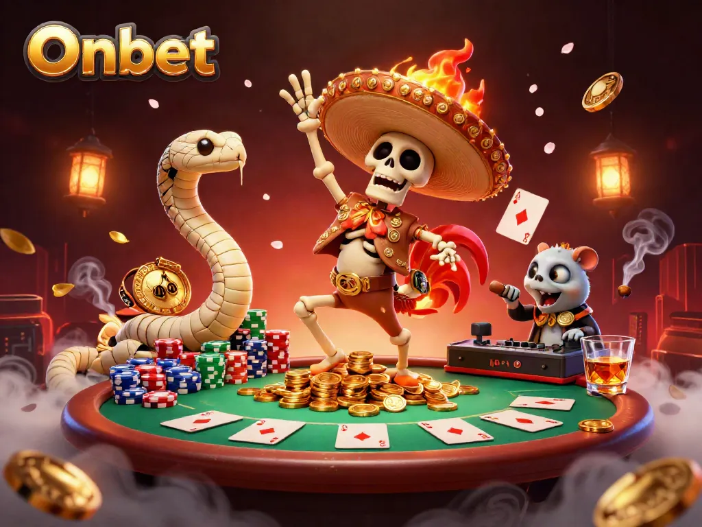 Witness the Onbet experience with animated characters dancing amidst casino elements and golden coins.