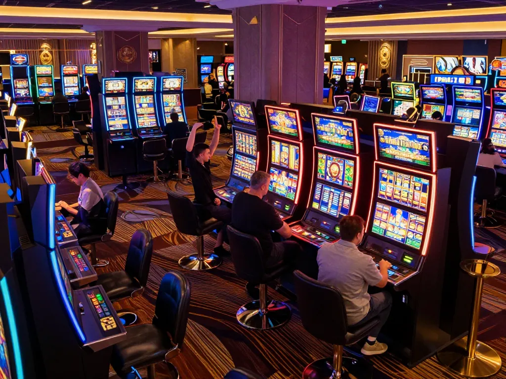 Players enjoying dash88 slot machines, celebrating wins amid vibrant casino atmosphere