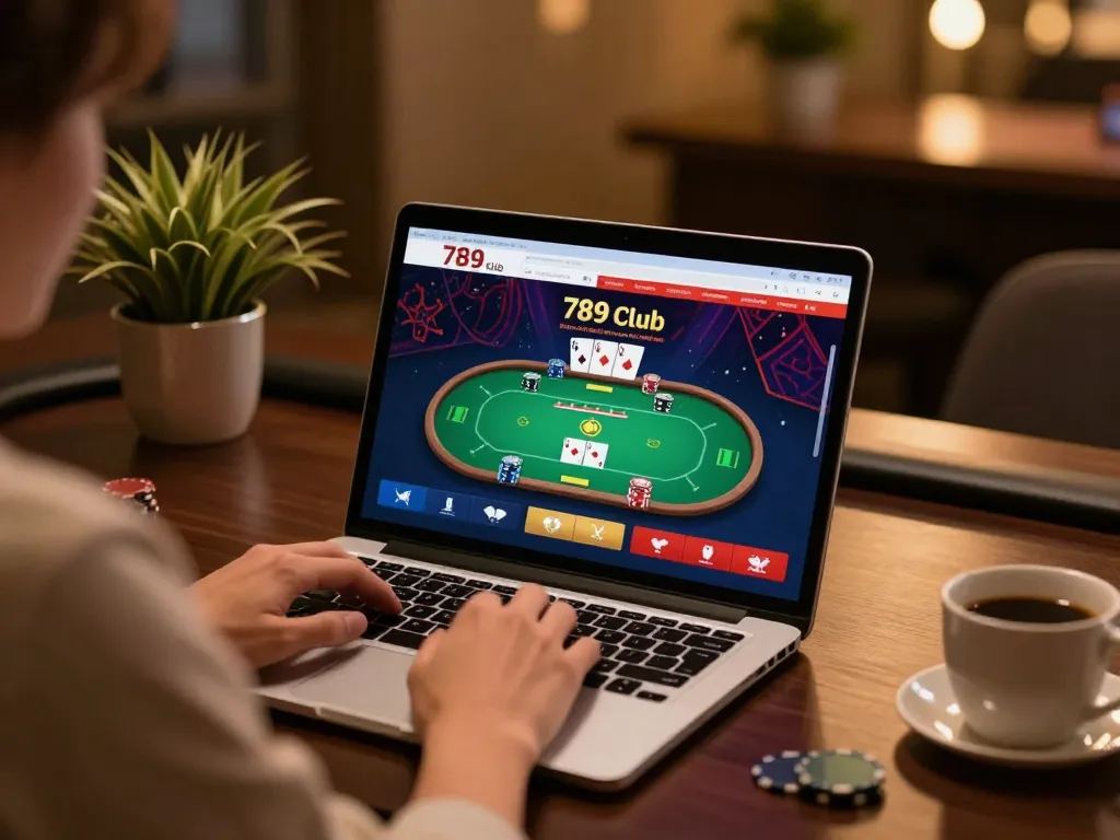 Engaged player using 789 club online gaming platform for poker with stylish setup.