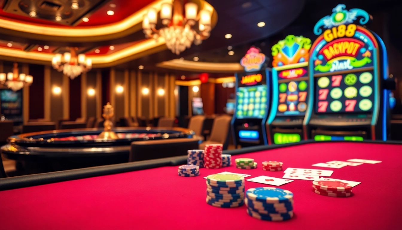 Engaging gi88 poker scene with luxury chips and vibrant roulette wheel enhancing the gameplay experience.