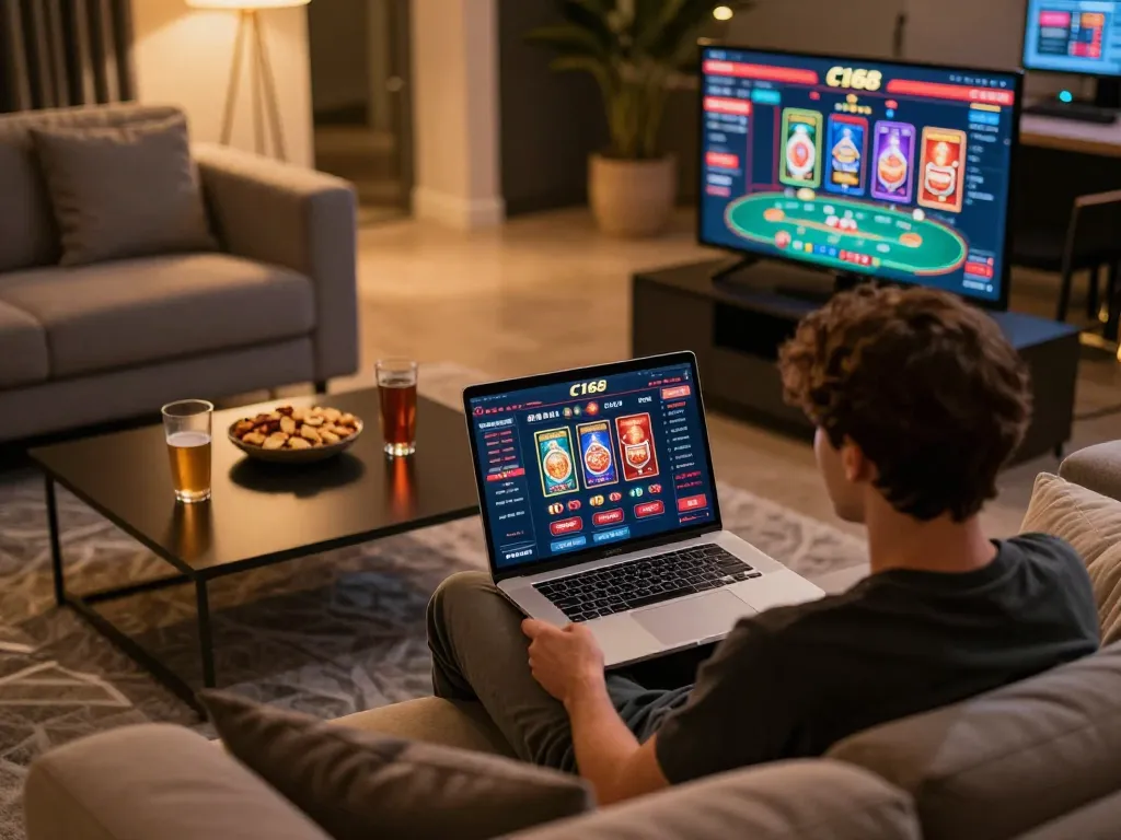 C168 online players enjoying a cozy gaming session with poker on the laptop.