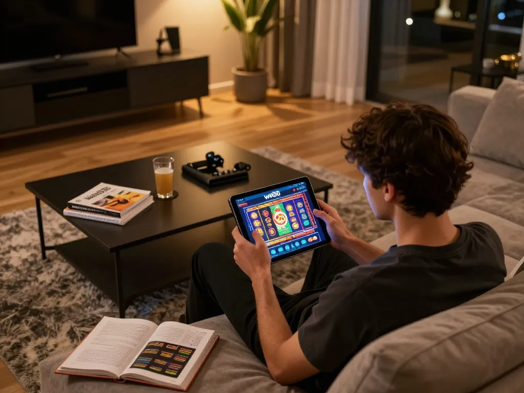 Engaging in online gaming on ww88 using a tablet in a stylish home setting, showcasing a cozy and strategic environment