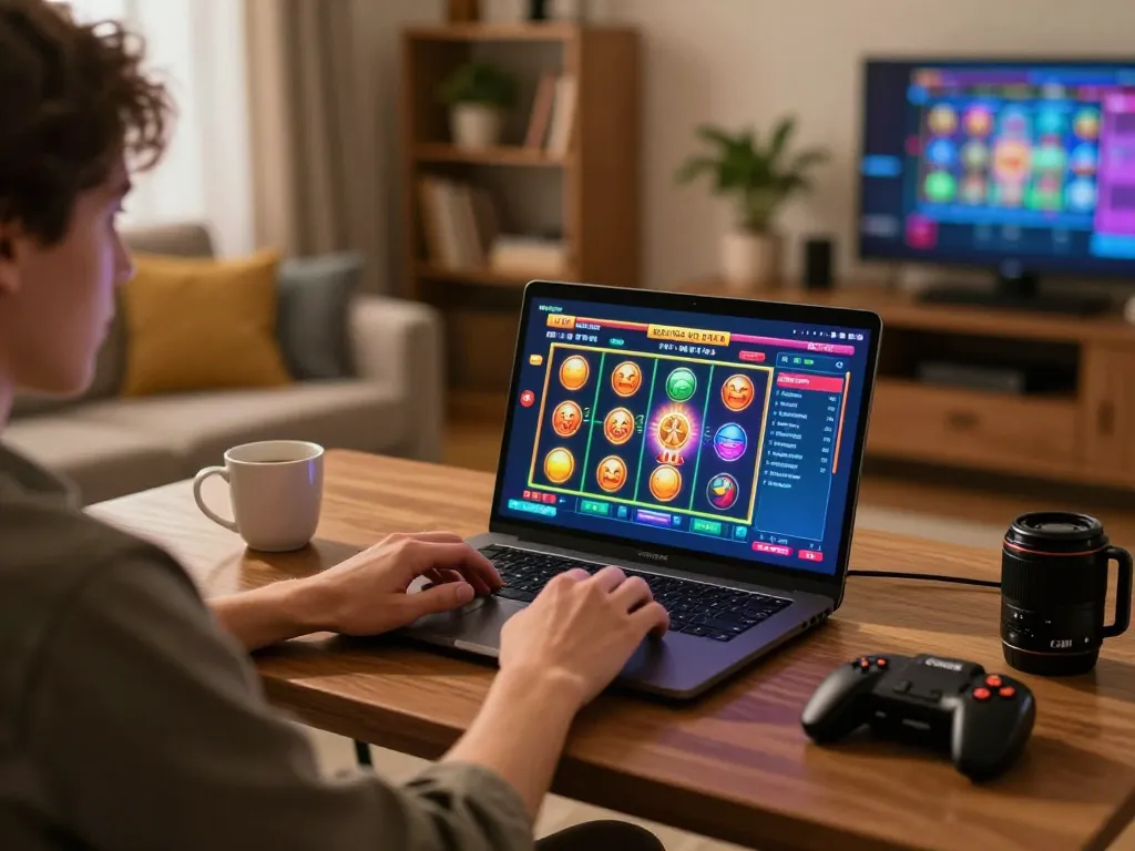 Experience mposport gaming at home with a vibrant online slot game on a laptop, comfortable atmosphere.