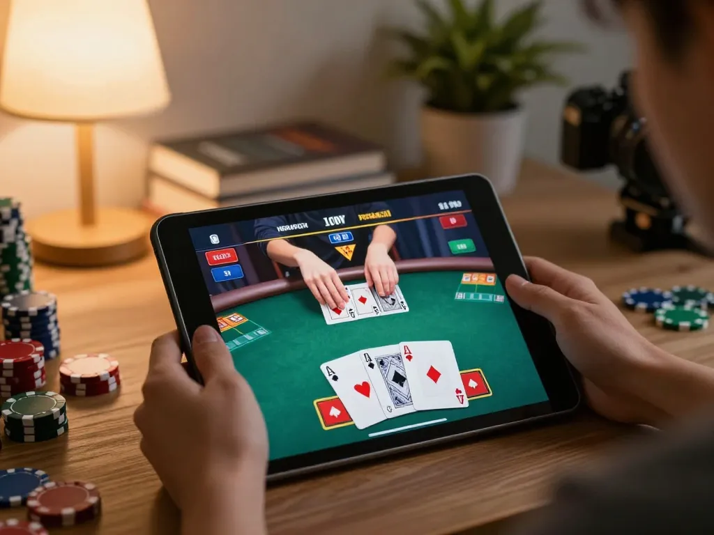 Player using nego77 app for online poker while comfortably seated at home.