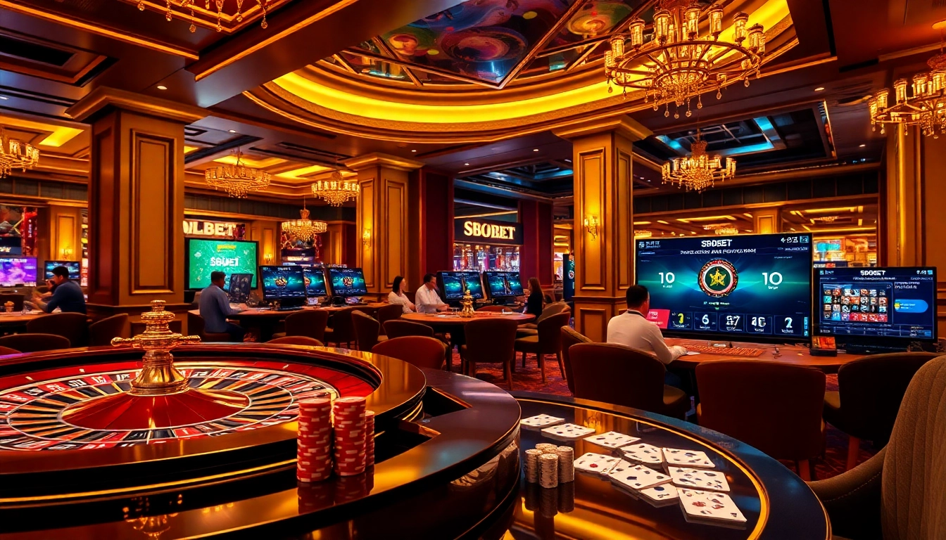 SBOBET players engaging in exciting online casino activities with dice, cards, and vibrant atmosphere.