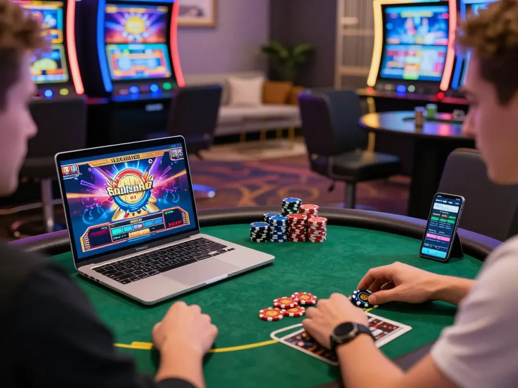 Immersive online gambling experience with sultan88 gaming setup featuring vibrant visuals and poker chips.