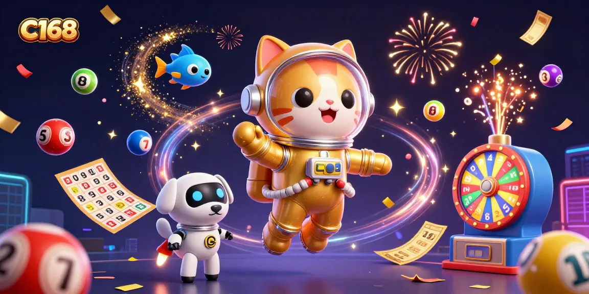 C168 engages players with vibrant lottery-themed elements and a dazzling cosmic scene.