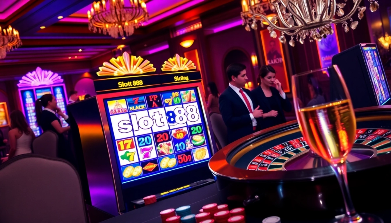 Pemain menikmati kegembiraan di mesin slot88 di lingkungan kasino yang mewah.