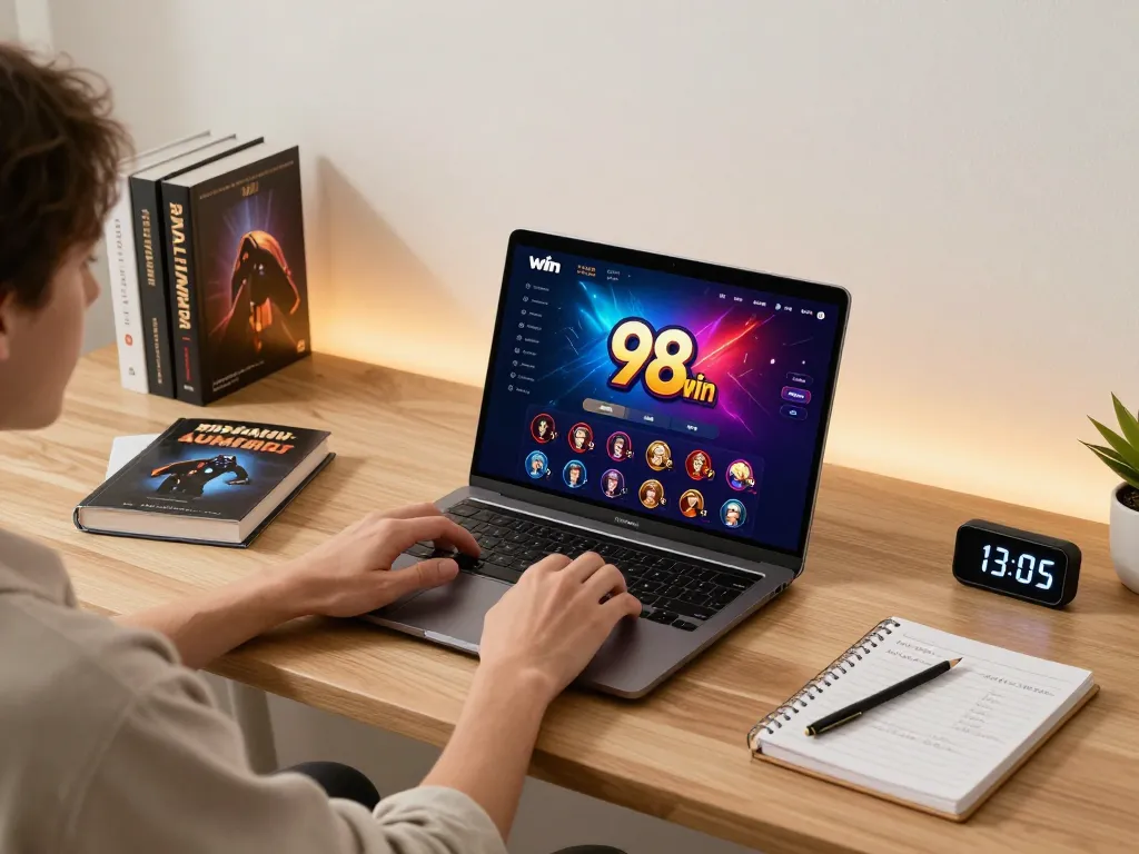 Player engaging with the 98win casino interface on a laptop, highlighting a modern and responsible gambling setup.
