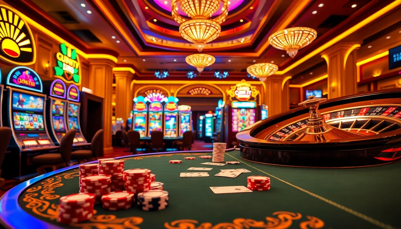 Engage with the thrilling atmosphere of ee88 com in a luxurious casino setting filled with poker chips and roulette wheels.