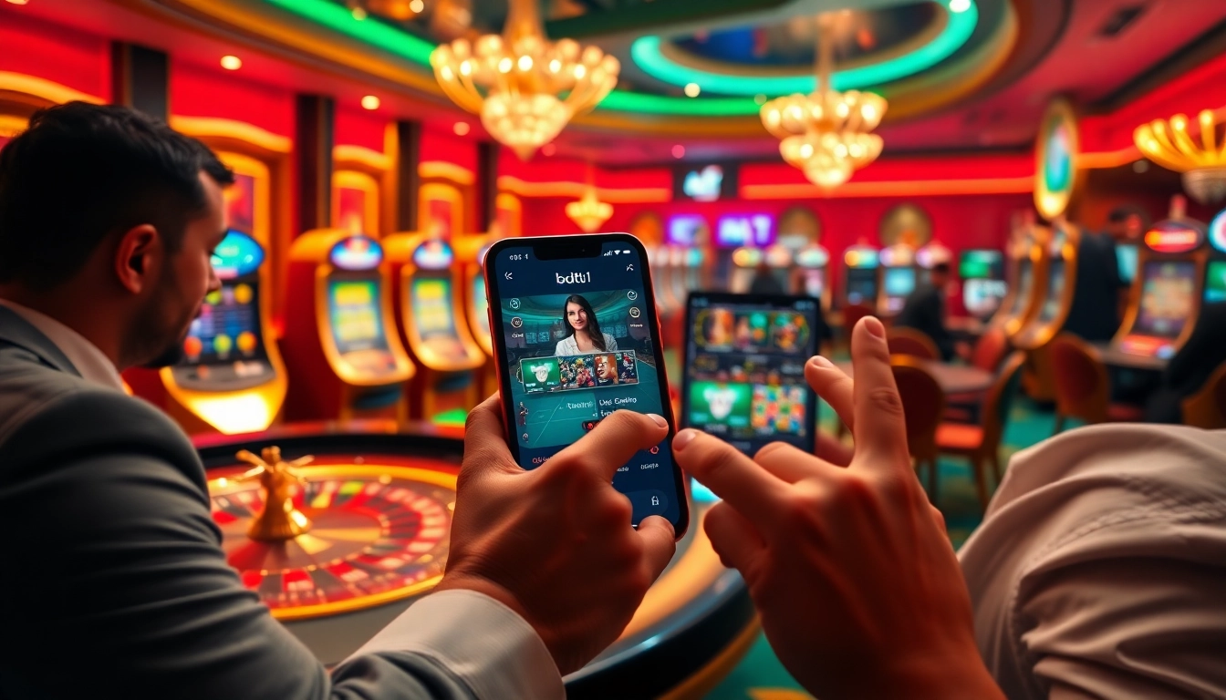 Exciting gameplay with the bdtk1 app on a smartphone amidst a luxurious casino setting.