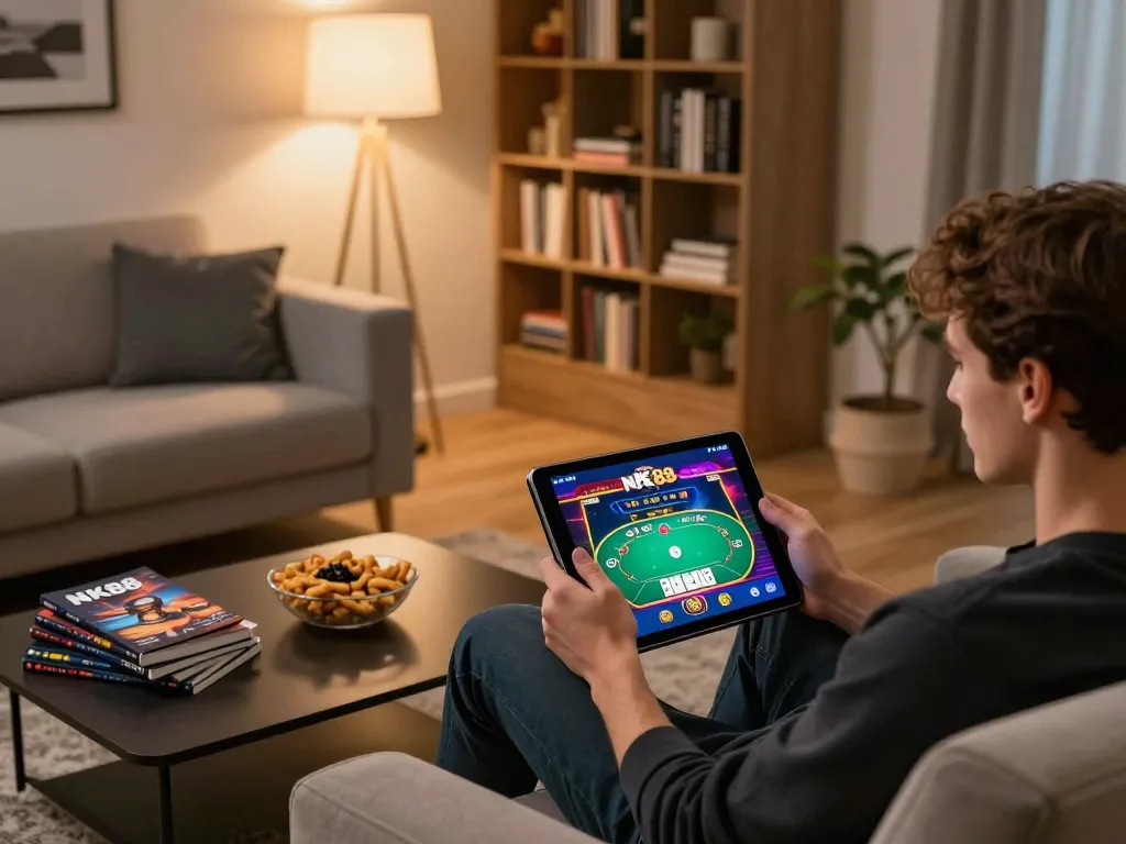 Person engaging with NK88 online casino app on a stylish tablet, surrounded by gambling strategy guides.