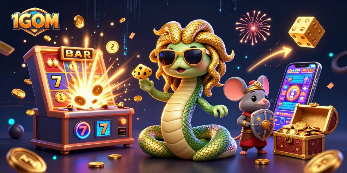 Engage with 1GOM's casino action featuring a dynamic Medusa with golden snakes, surrounded by rich gaming elements.