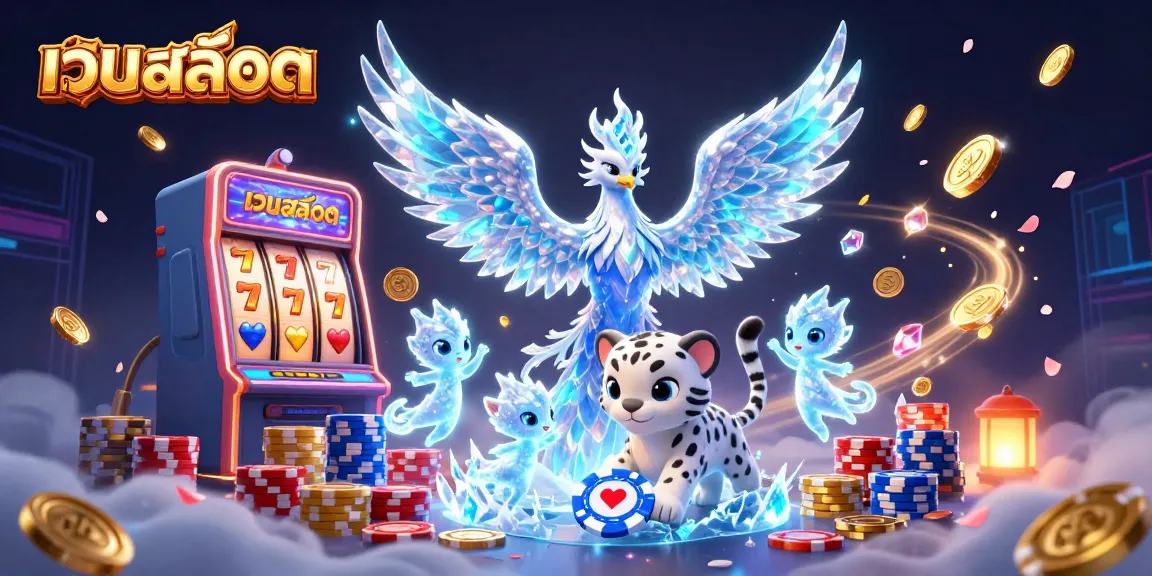 Engaging scene of เว็บสล็อต with an ice phoenix, a snow leopard, and dynamic gaming elements.