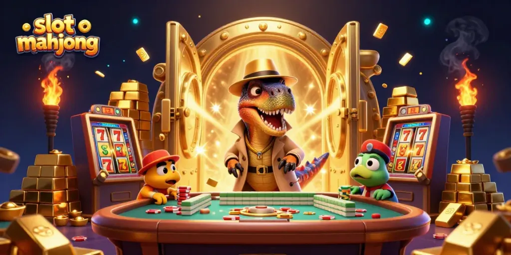 Slot Mahjong menampilkan velociraptor mencurigakan di meja permainan dengan pemandangan menarik dan chip yang dicolong.