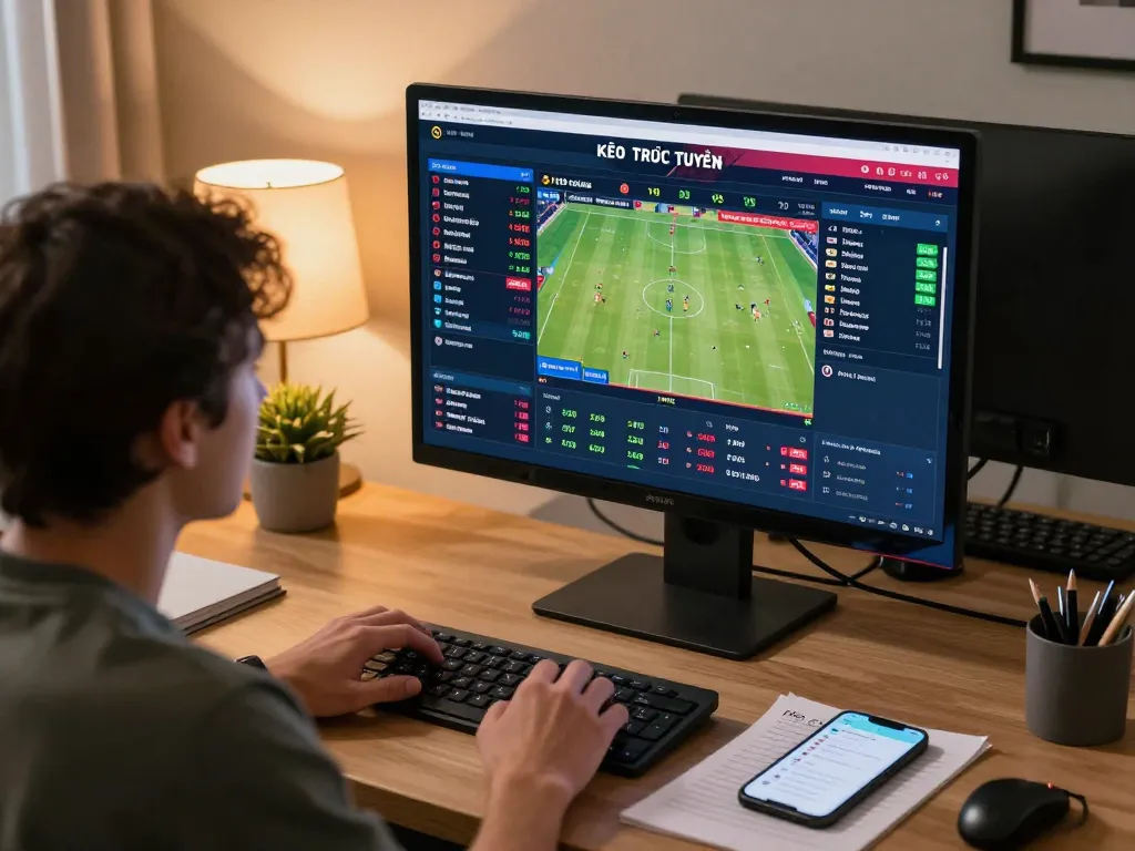 KÈO TRỰC TUYẾN showing dynamic sports betting activity on a computer screen with live odds updates