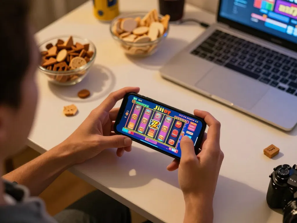 Engaging in jili slot games on a smartphone at home, highlighting a cozy and strategic gaming atmosphere.