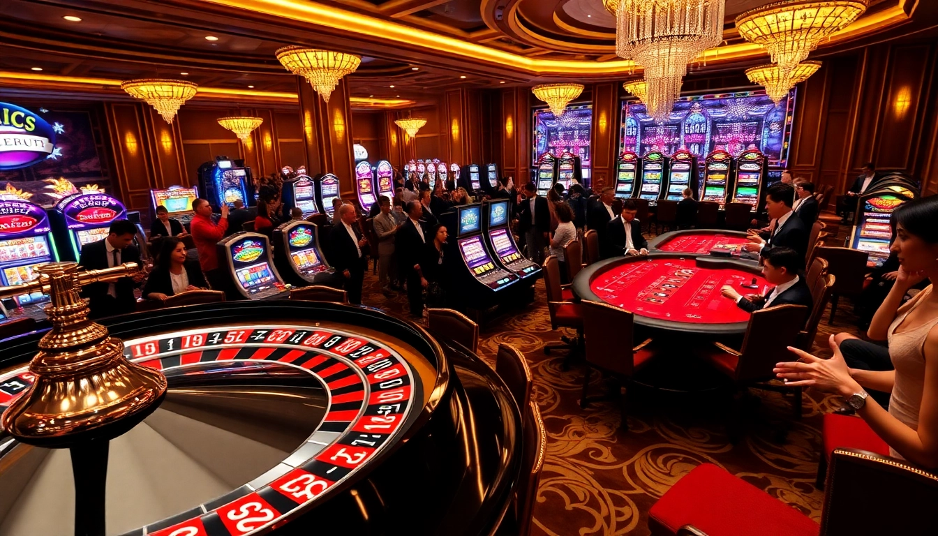 Vaoluoitv showcases a thrilling casino atmosphere filled with poker chips, roulette wheels, and gamblers celebrating wins.