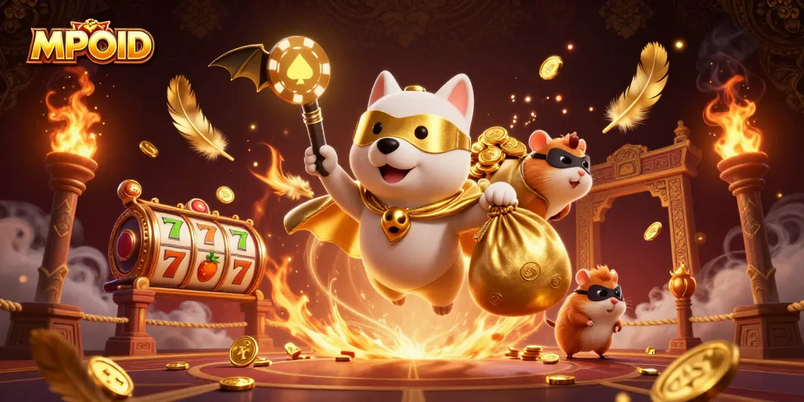 MPOID showcases a vivid 3D illustration of a superhero dog and hamster in a dynamic casino scene with slot reels.