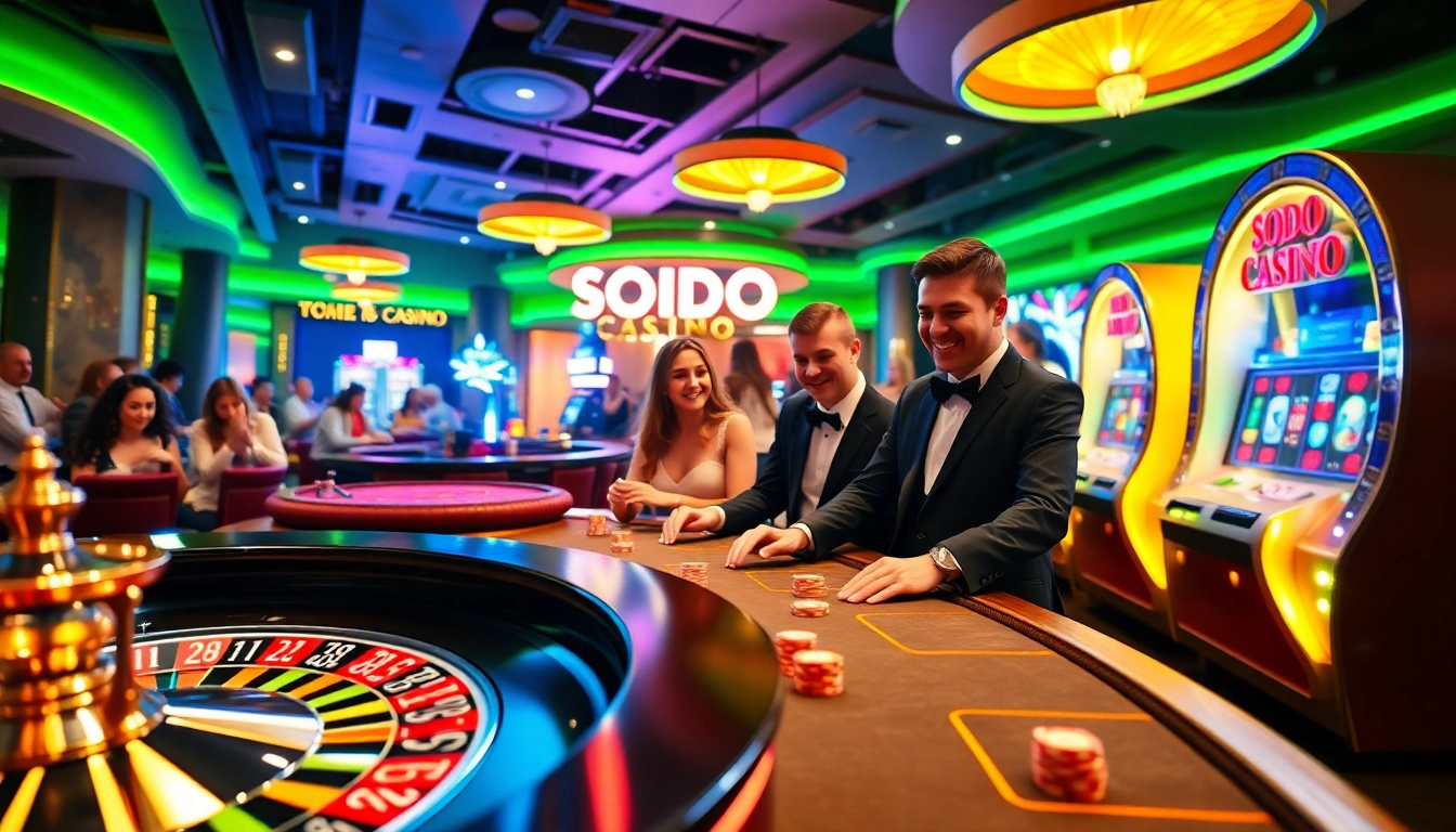 Experience the excitement of SODO CASINO with players at a vibrant roulette table and slot machine.
