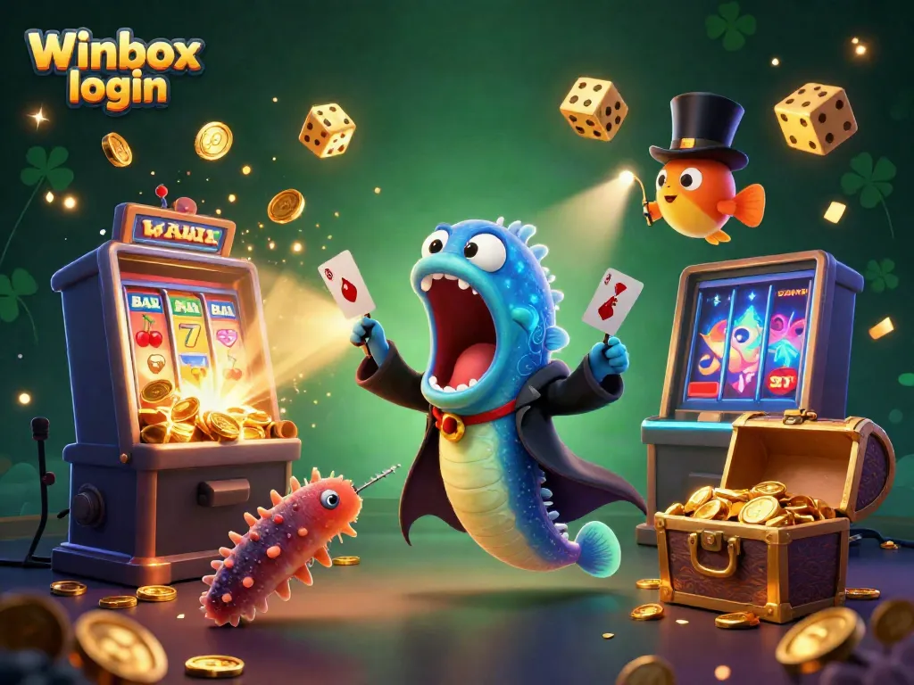 Experience seamless Winbox login with vibrant characters in an exciting casino-themed artwork.