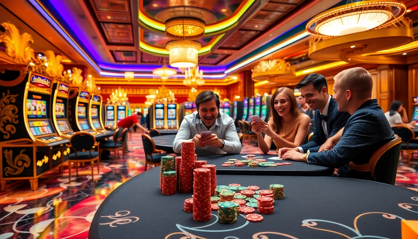 Engaged players enjoying poker at 33win casino with vibrant atmosphere and gambling excitement.