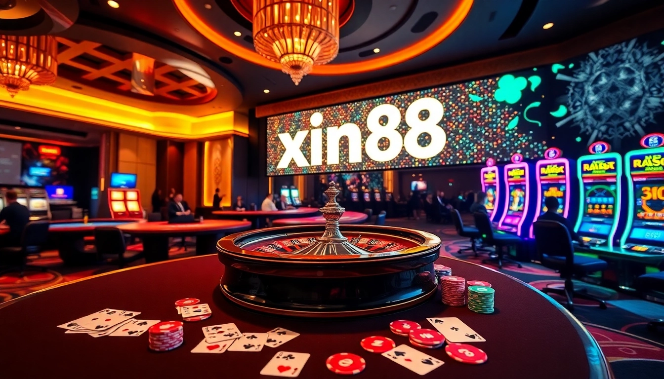 Players enjoying casino games at Xin88 showcasing vibrant roulette and poker elements.