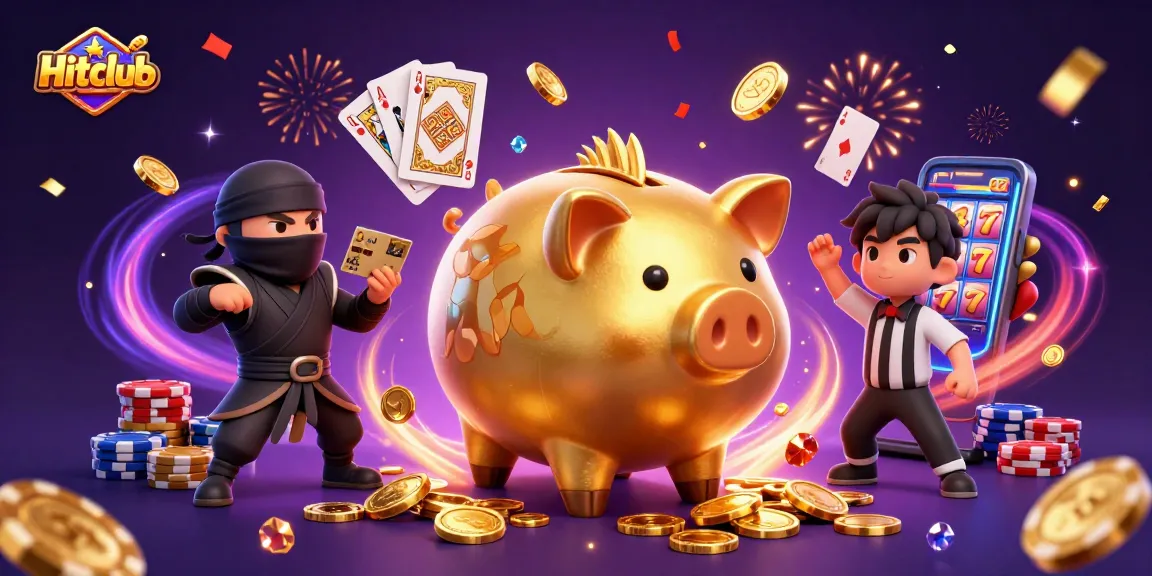 Hitclub gamers enjoy thrilling action with a 3D cartoon golden piggy bank and vibrant casino elements.