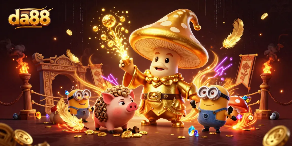 Engaging in thrilling adventures at da88 with our magical mushroom wizard and treasure-hunting pig.