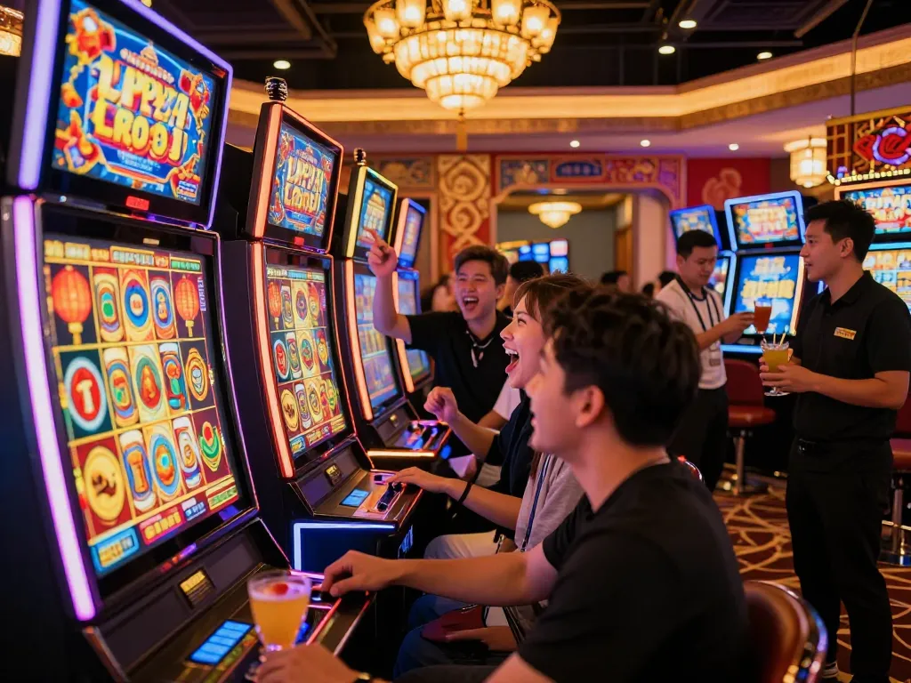 Exciting casino scene with players enjoying Lucky 88 slot machine, showcasing vibrant themes and joyful atmosphere.