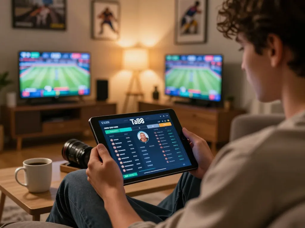 Engaging in sports betting on Ta88 with a tablet displaying live odds and sports events.
