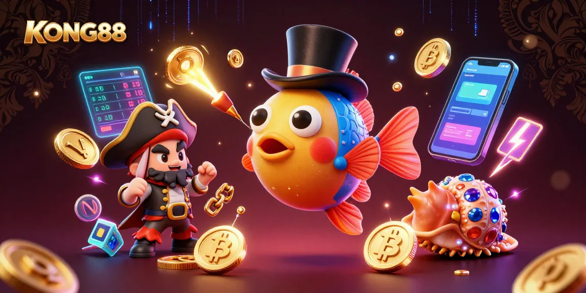 KONG88 captivates players with an engaging scene featuring a glamorous 3D anglerfish surrounded by coins and blockchain elements.