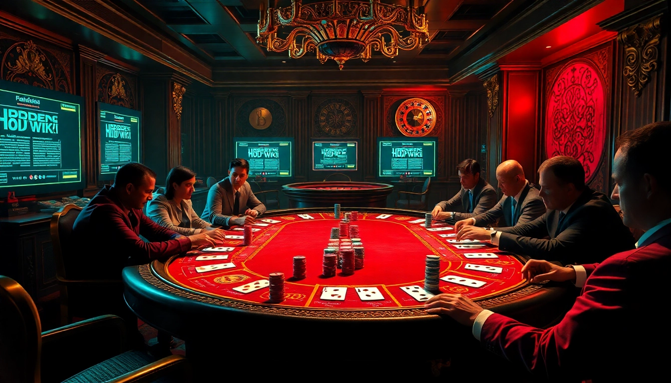 Gambling excitement at an underground casino illustrating hidden wiki elements with poker players and vibrant stakes.