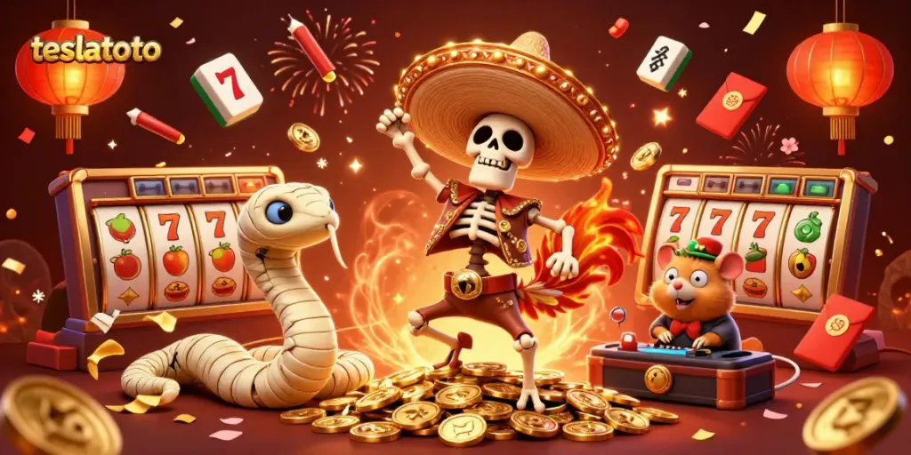 Engage with teslatoto's thrilling victory dance in a vibrant slot-themed festival scene.