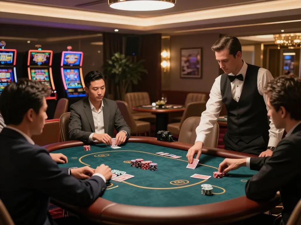 Nohu VIP gaming room showcasing players engaged in high-stakes poker game with elegant decor.